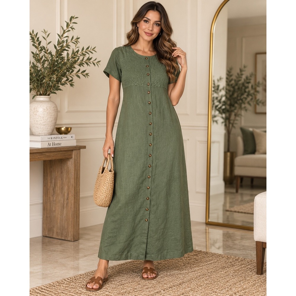 Kiko Comfortable Clothing Womens Green 100% Linen Button Front Maxi Dress Size M